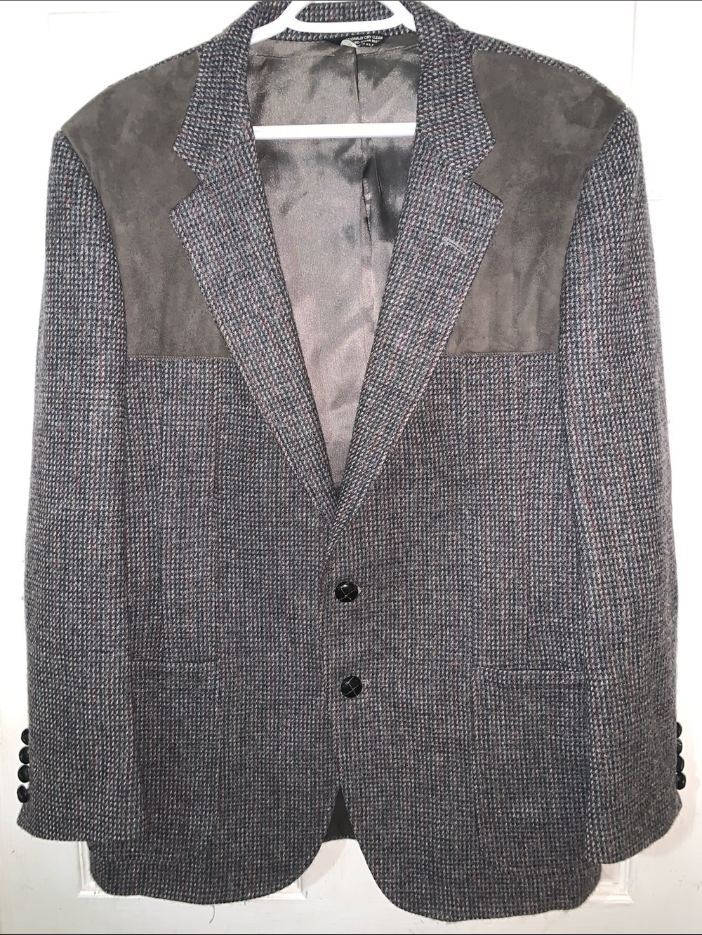 Vintage Men's Gray Tweed Blazer with Dark Suede Shoulder Panels